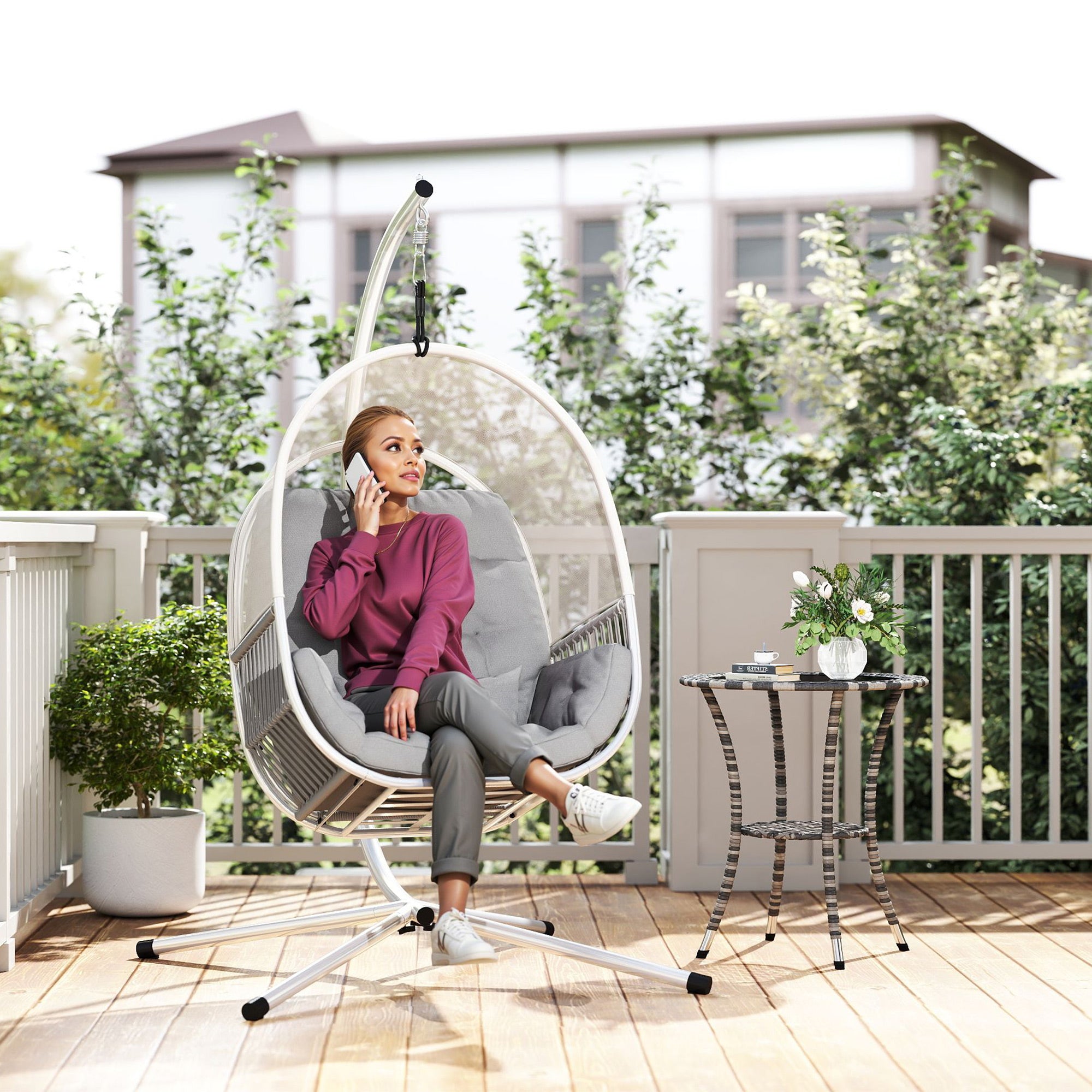 Outsunny Hanging Egg Chair Outdoor Indoor, Swing Hammock Chair with Stand, Cushions, Lumbar Pillow, Adjustable Height and Steel Frame for Garden Patio Lounge Porch, Light Grey